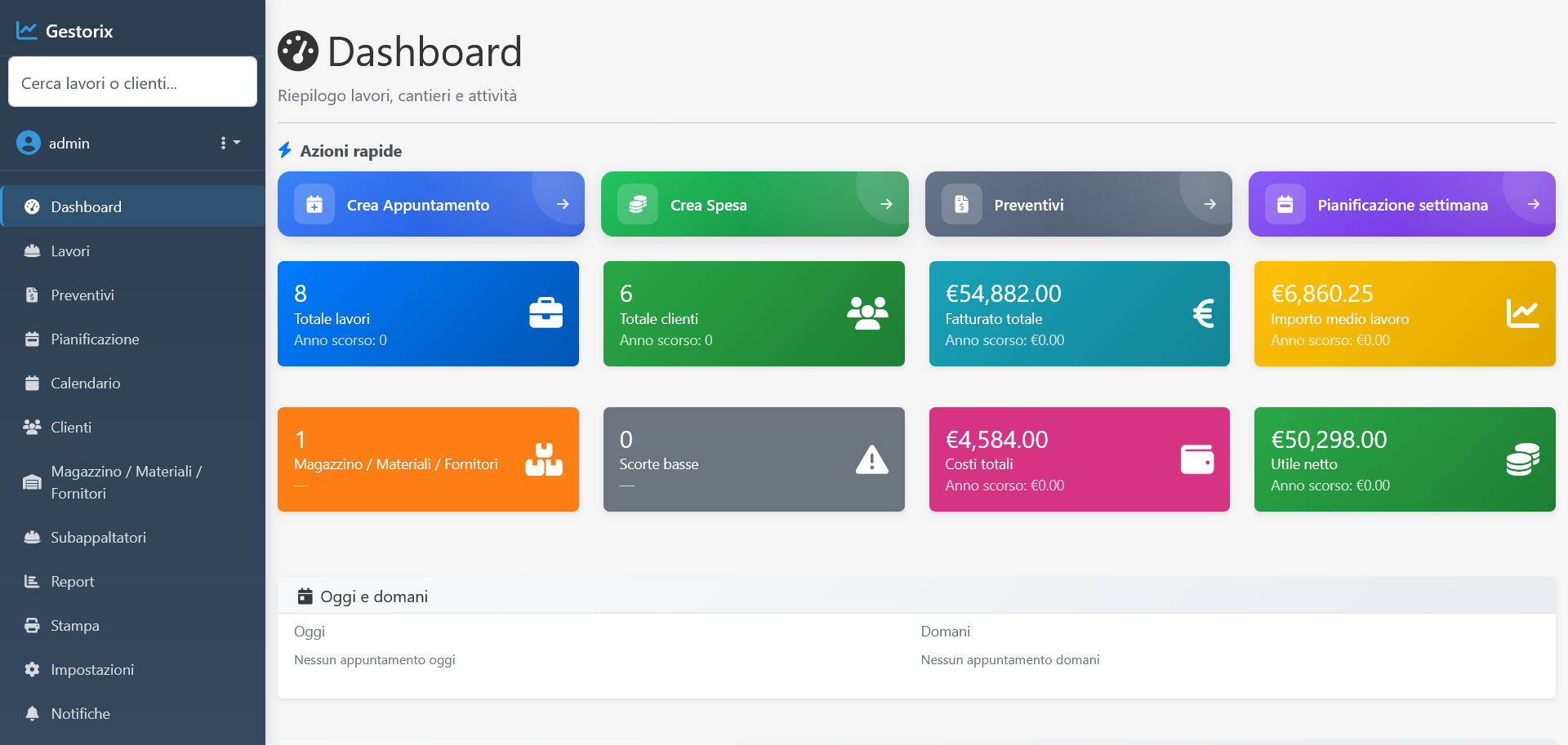 Dashboard Gestorix con lavori, clienti, fatturato e preventivo veloce per professionisti edili